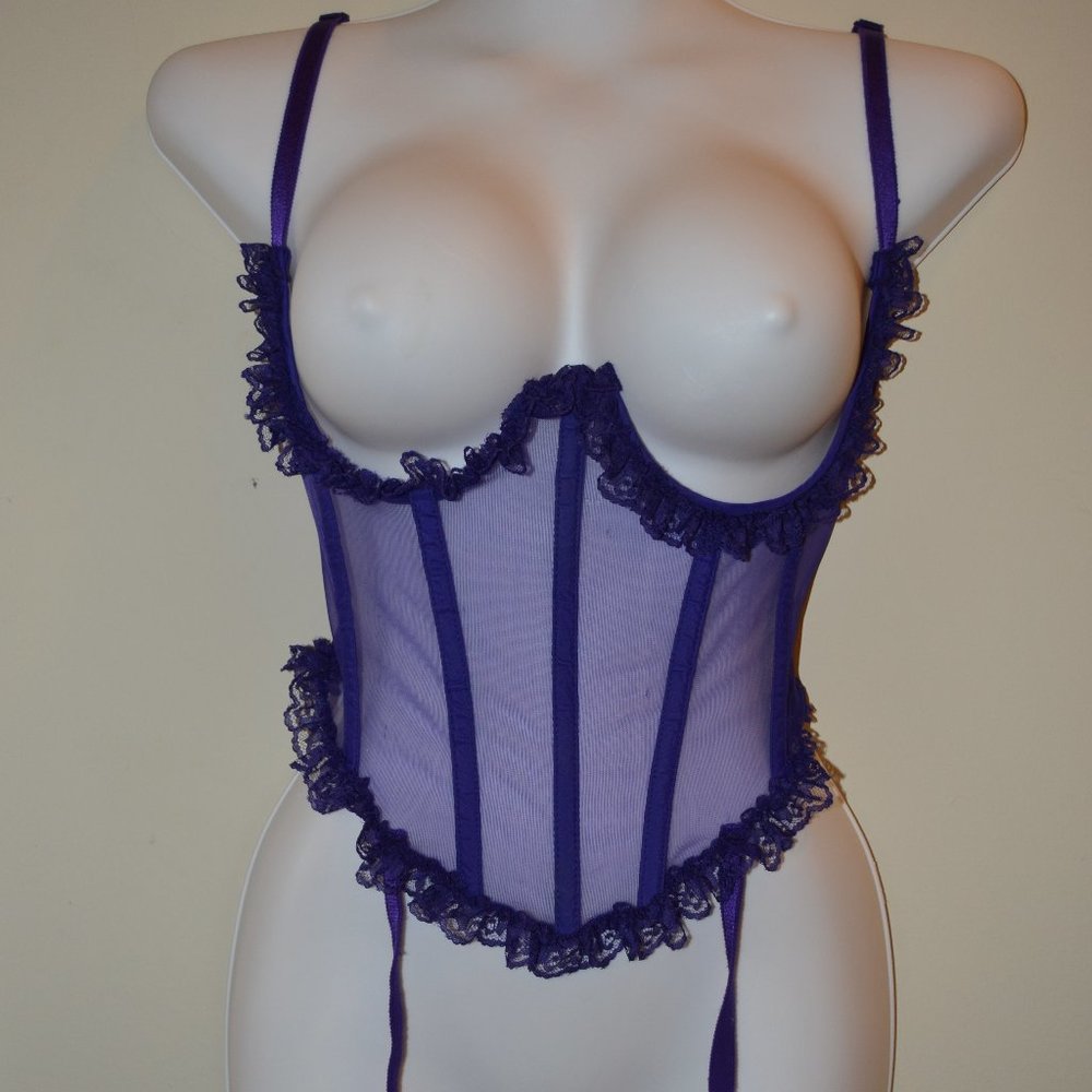 Sexy purple cupless bra lace up front w/ garters Size 34 Fits multiple sizes EUC